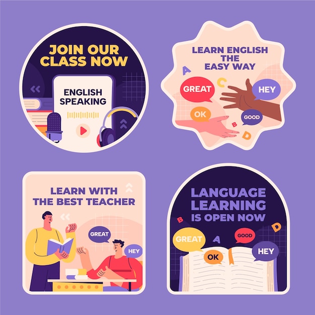 Free vector flat design english lessons labels