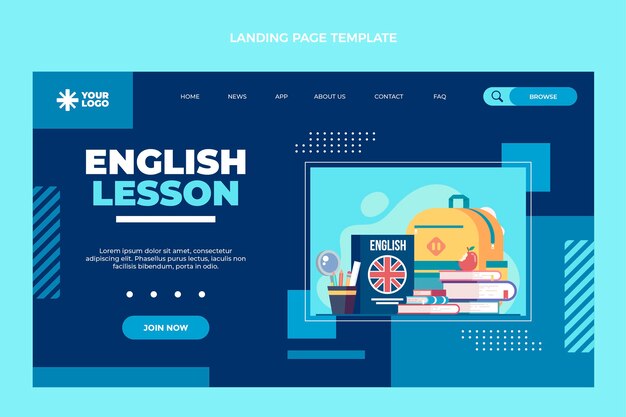 Flat design english lessons landing page