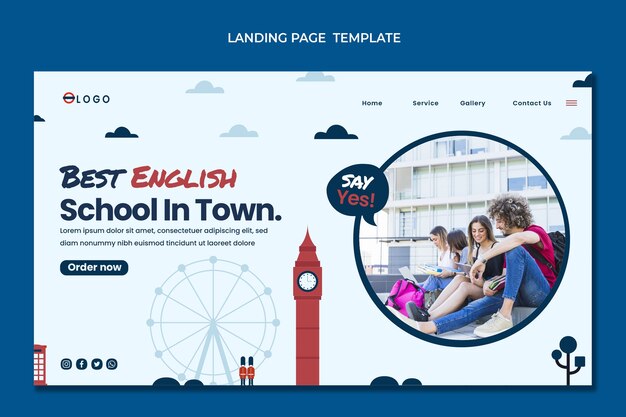 Flat design english lessons landing page