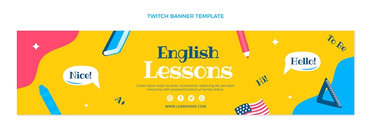 Free Vector flat design english lessons twitch banner template