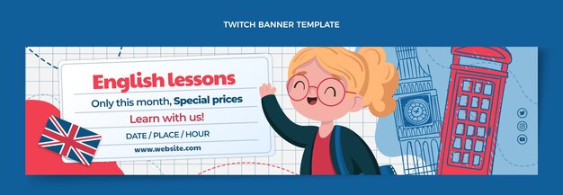 Flat design english lessons twitch banner template