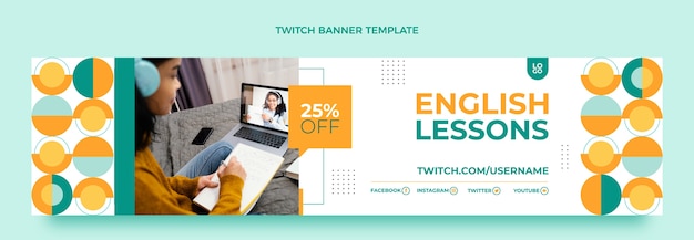 Free vector flat design english lessons twitch banner template