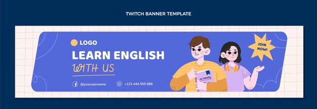 Free vector flat design english lessons twitch banner