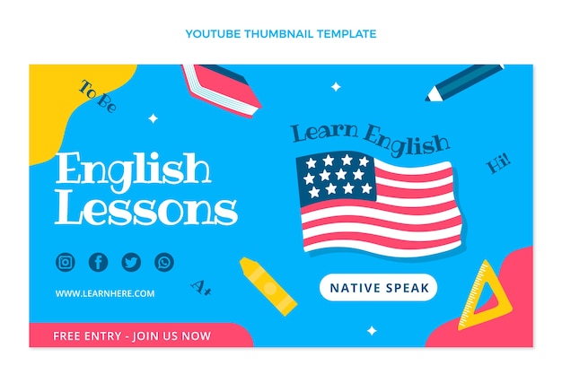 Free vector flat design english lessons youtube thumbnail template