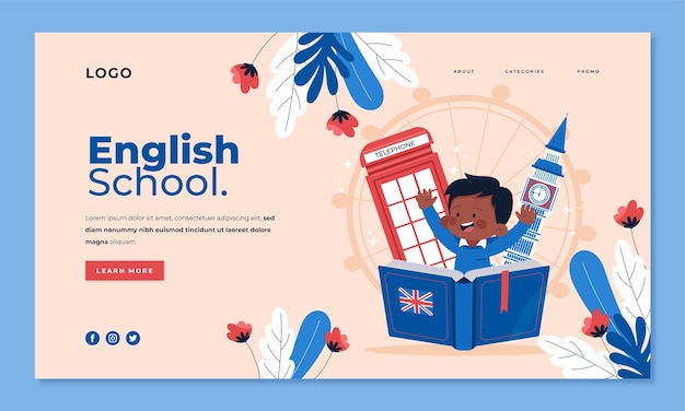 Flat design english school landing page design