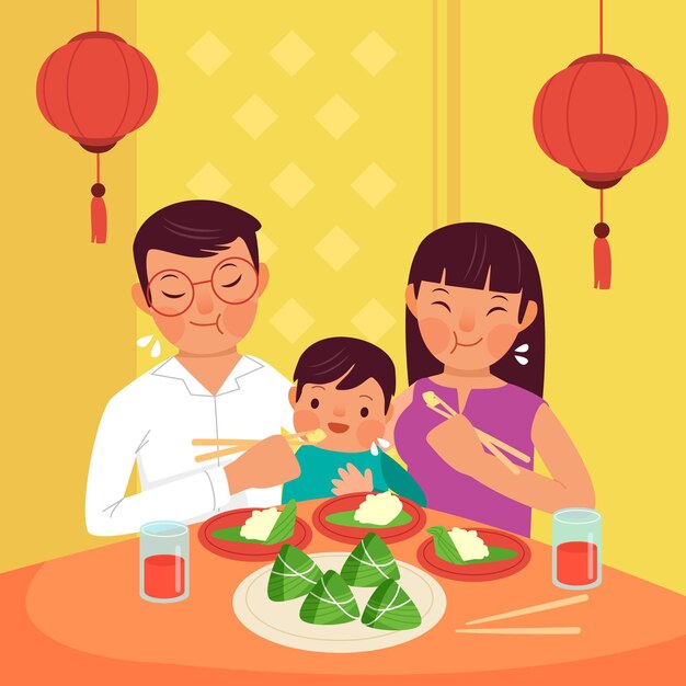 Плоский дизайн семьи ест цзунцзы