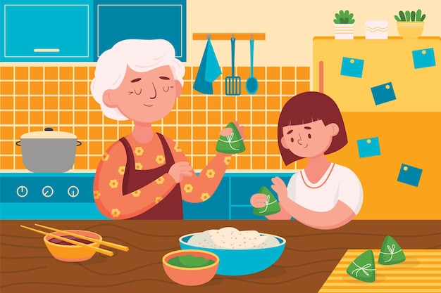 Vettore gratuito famiglia design piatto preparando zongzi