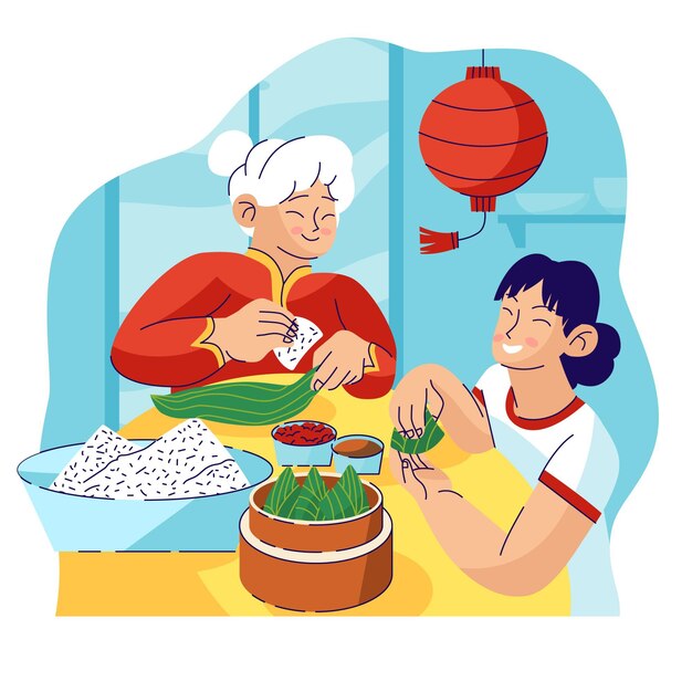 Flat design family preparing zongzi
