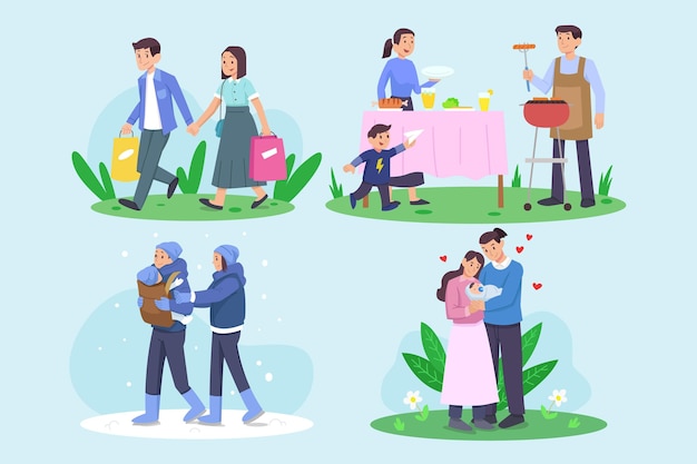 Flat design family scenes collection