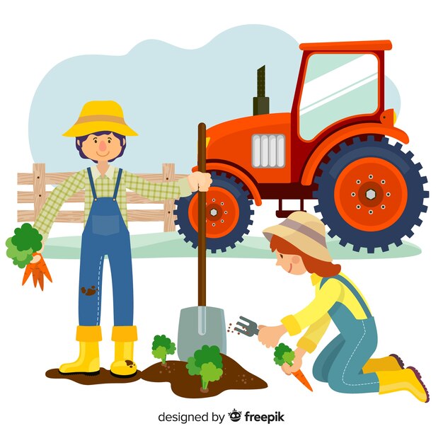 Flat design farmers characters harvesting 