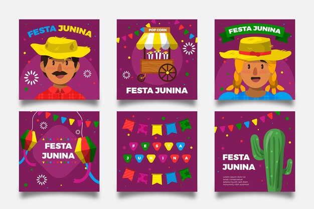 Flat design festa junina card characters and cactus