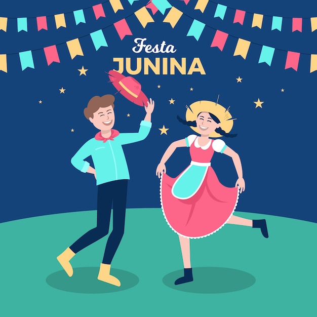 Плоский дизайн феста junina люди танцуют