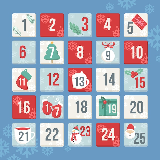 Vettore gratuito calendario dell'avvento festivo design piatto