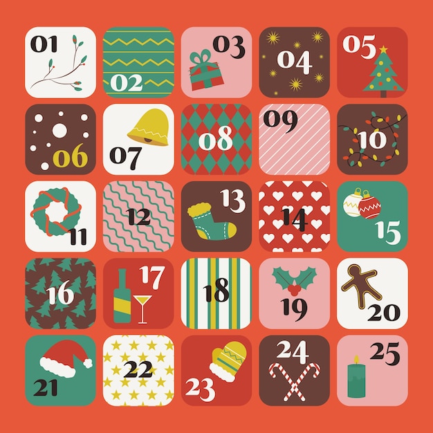 Vettore gratuito calendario dell'avvento festivo design piatto