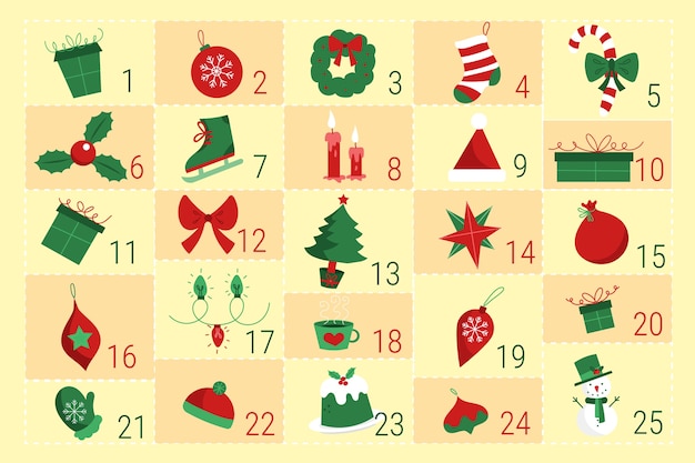 Vettore gratuito calendario dell'avvento festivo design piatto