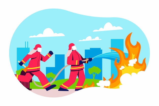 Плоский дизайн пожарных тушит пожар
