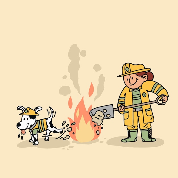 Flat design firefighters putting out a fire