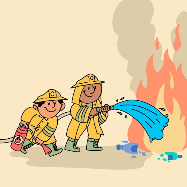 Flat design firefighters putting out a fire