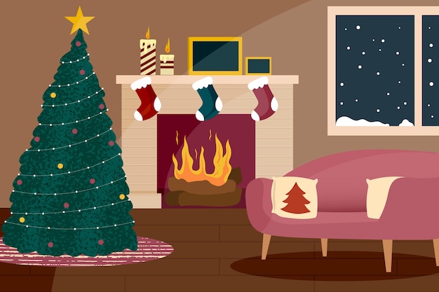 Flat design fireplace scene