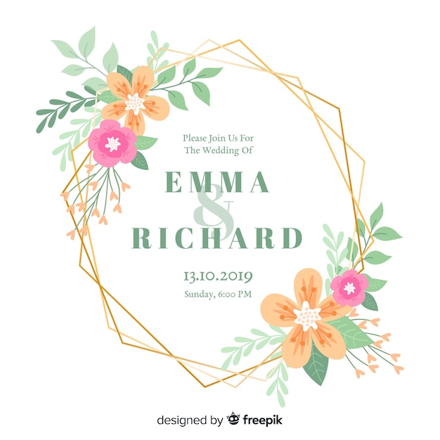 花のフレームの結婚式の招待状のフラットなデザイン