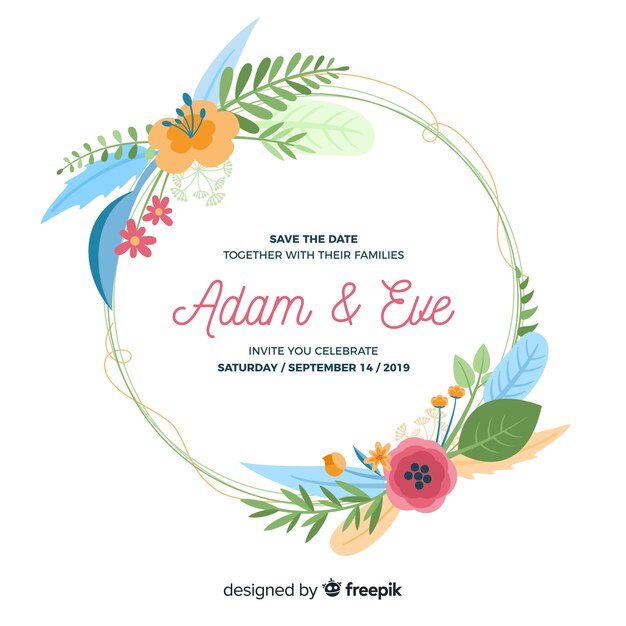 Flat design of floral frame wedding invitation