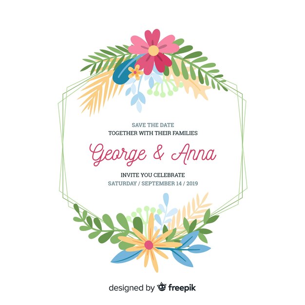 Flat design of floral frame wedding invitation