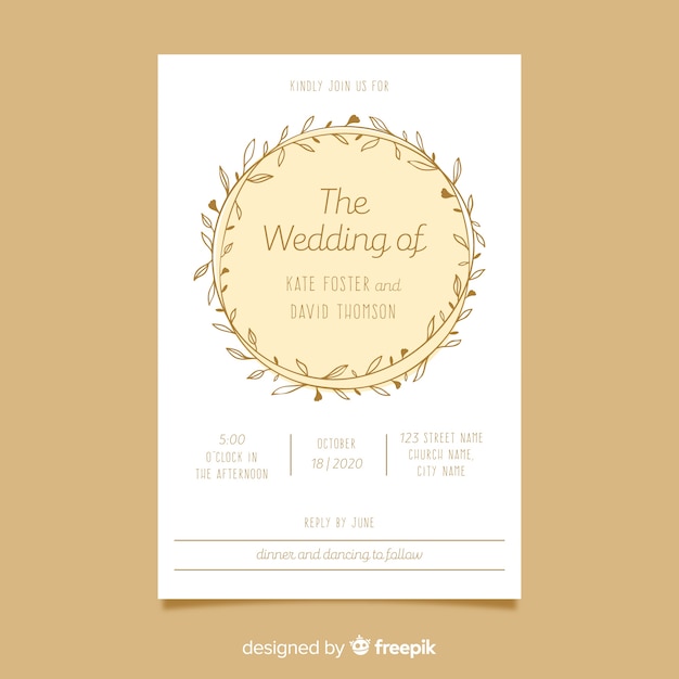 Flat design of floral frame wedding invitation