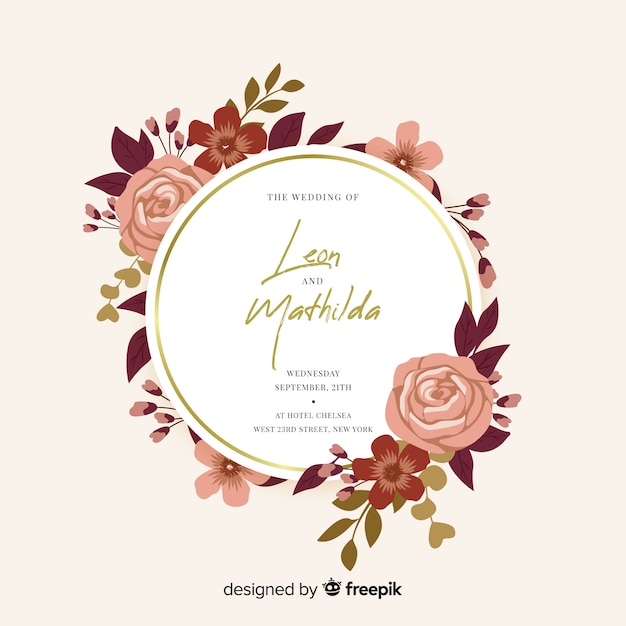 Flat design of floral frame wedding invitation