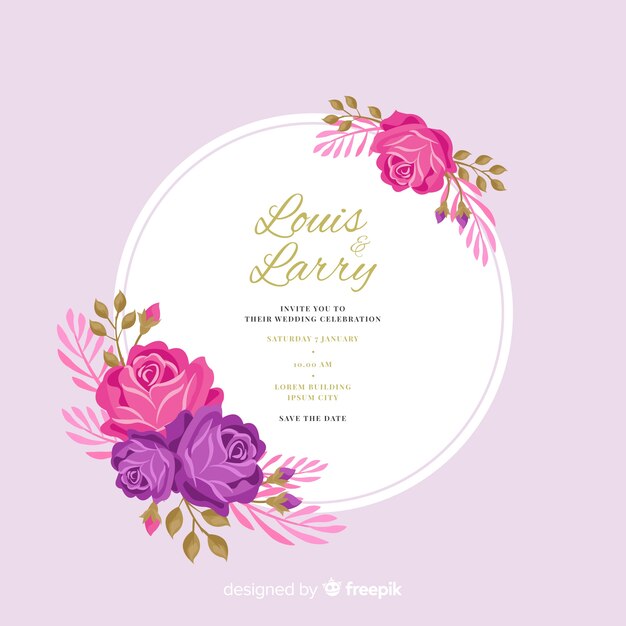 Плоский дизайн цветочной рамки свадебного приглашения
