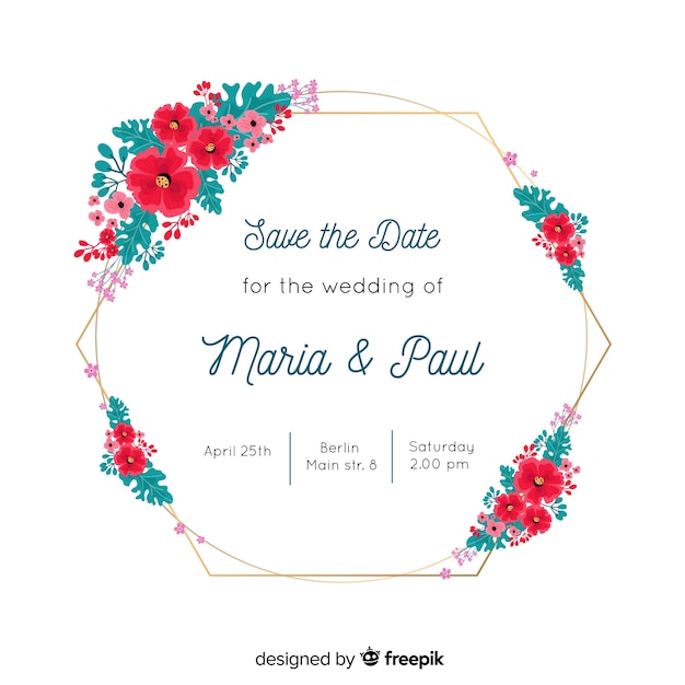 Flat design of floral frame wedding invitation