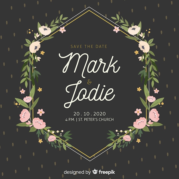 Flat design of floral frame wedding invitation