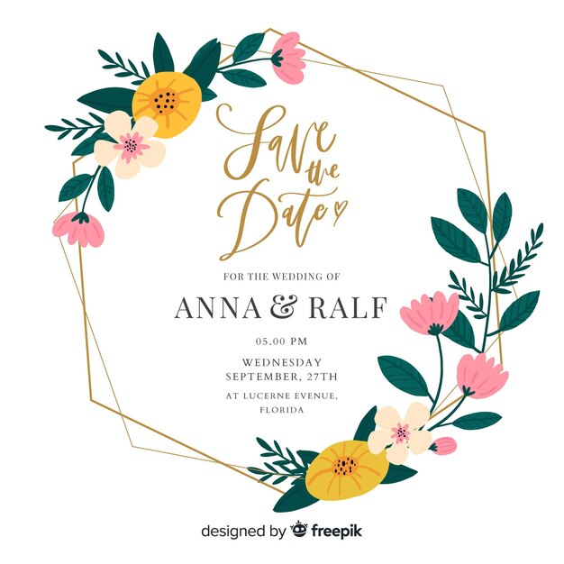 Flat design of floral frame wedding invitation