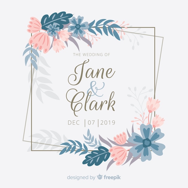 Flat design of floral frame wedding invitation