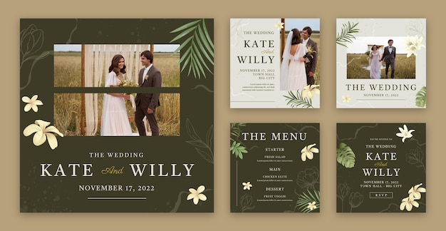 Flat design floral wedding instagram posts