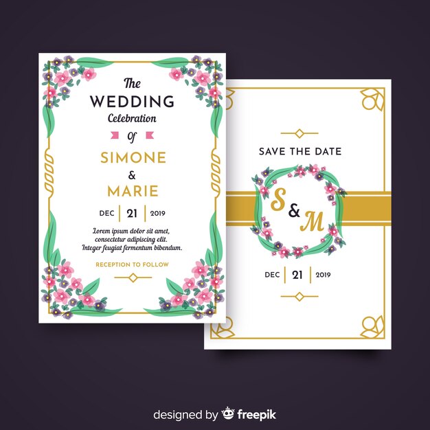 花の結婚式の招待状のテンプレートのフラットなデザイン