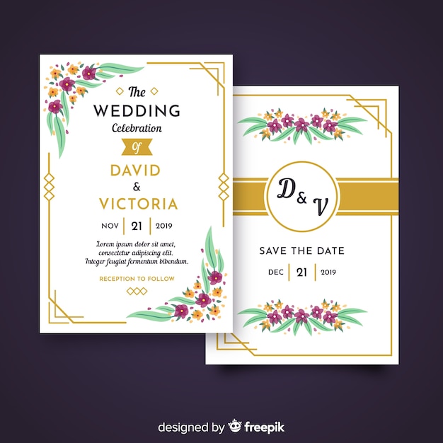 Flat design of floral wedding invitation template