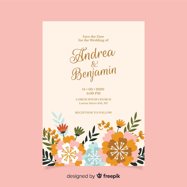 Flat design of floral wedding invitation template