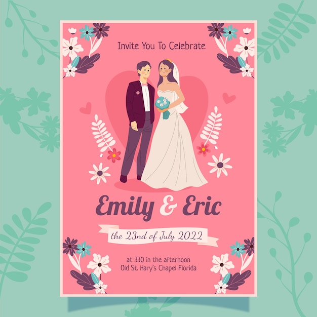 Flat design floral wedding invitation