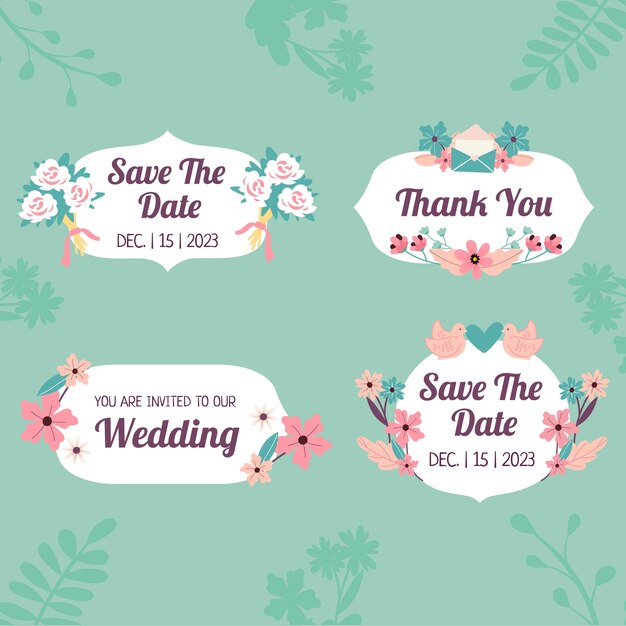 Free vector flat design floral wedding label collection