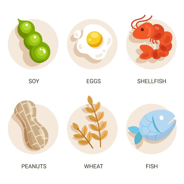 Vettore gratuito set di icone di allergia alimentare design piatto