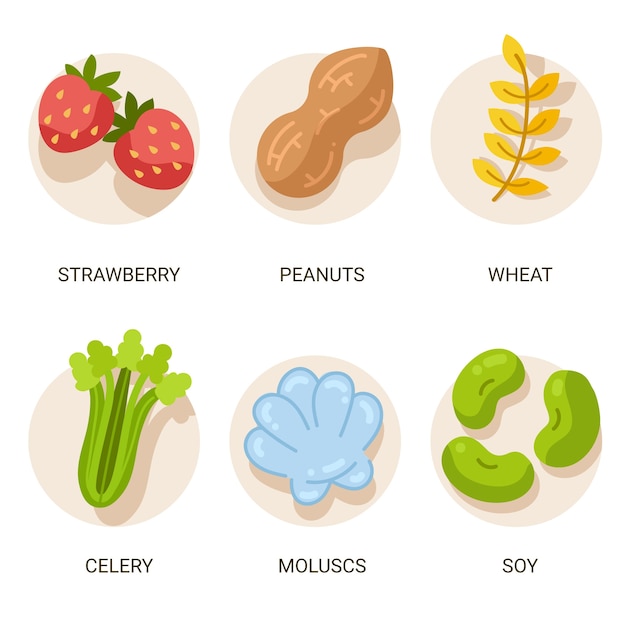 Free vector flat design food allergy icon set