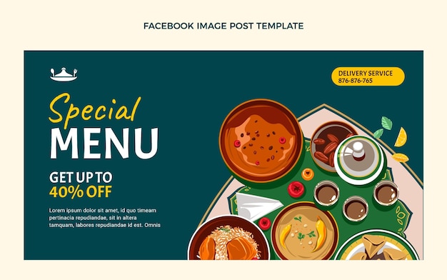 Vettore gratuito design piatto del post di facebook di cibo