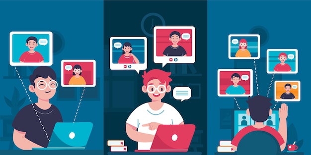 Free vector flat design friends videoconferencing scenes