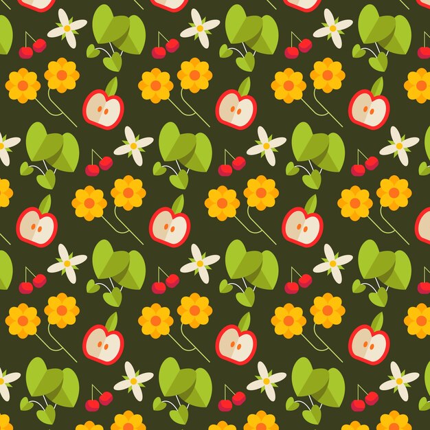 Flat design fruit and floral pattern illustration