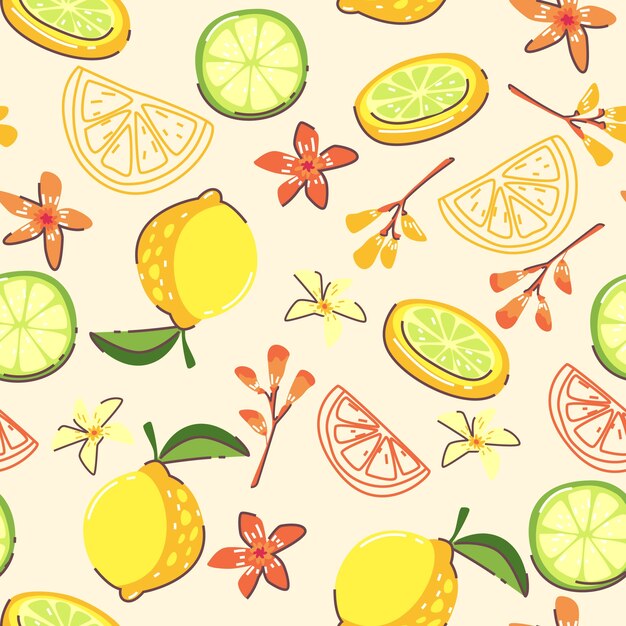 Flat design fruit and floral pattern illustration