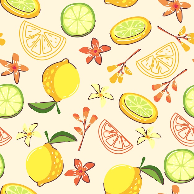 Flat design fruit and floral pattern illustration