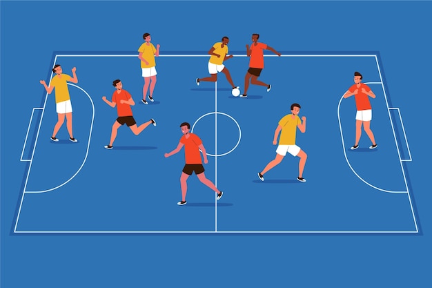 Flat design futsal field with players illustration