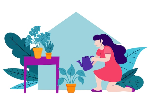 Плоский дизайн, садоводство дома иллюстрации с женщиной