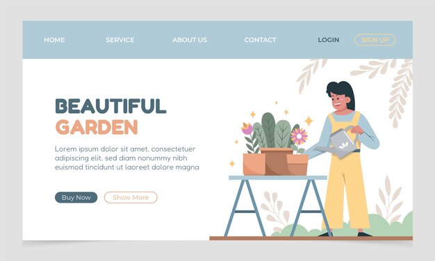 植物とフラットなデザインのガーデニングのランディングページ