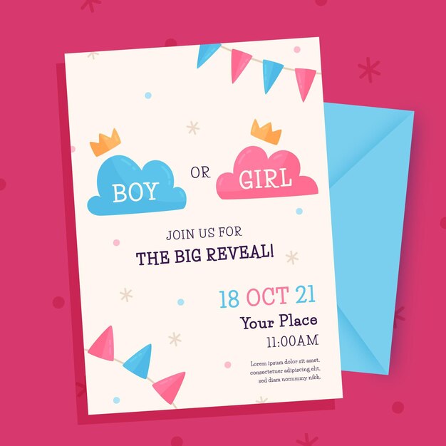 Flat design gender reveal invitation template